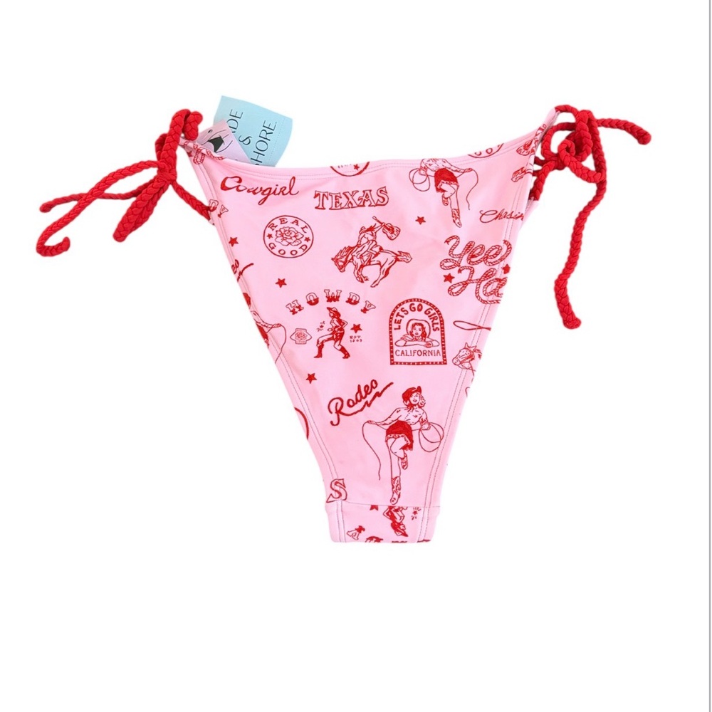 Shade & Shore NWT (THERE ARE SOME FLAWS) Pink Bikini Bottom Red Tie Sides - Picture 2 of 6
